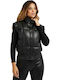 Women's Short Puffer Artificial Leather Jacket for Winter Black