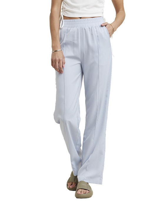 Rut & Circle Women's High-waisted Fabric Trousers with Elastic Light Blue