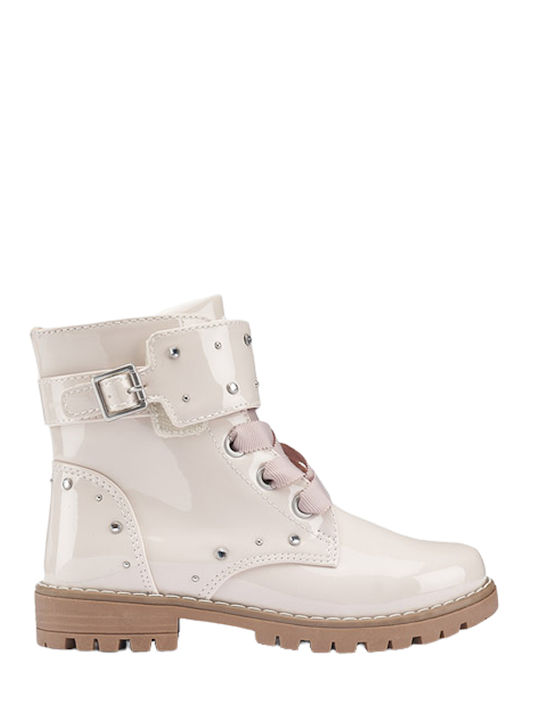 Biker Kinderstiefel aus Lackleder mit Schnürsenkeln Beige