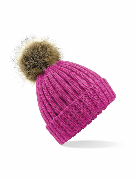 Beechfield B412 Pom Pom Beanie Frauen Beanie mit Rippstrick in Fuchsie Farbe