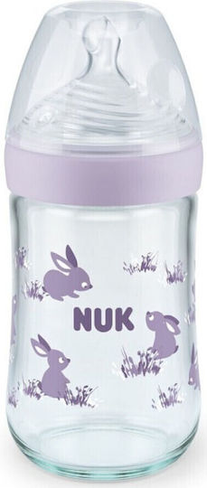 Nuk Glasflasche Nature Sense Rabbits Μωβ Gegen Koliken mit Silikonsauger für 6-18 Monate Purple Kaninchen 240ml