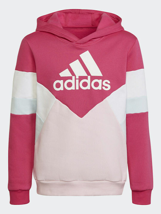 adidas Fleece Kids Sweatshirt with Hood and Pockets Pink Colorblock