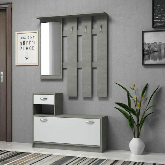 Raynold Eingangsmöbel mit Spiegel / Garderobe & Schuhschrank Concrete / White 100x30x180cm