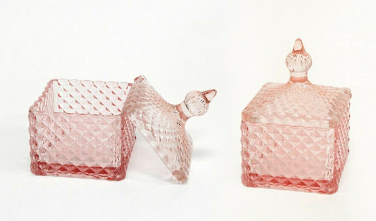 Faitakis Pack Vintage Glass Sweet Jar with Lid Pink 7.5x7.5x8cm