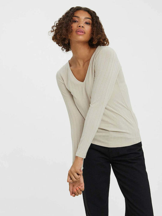 Vero Moda Women's Long Sleeve Pullover with V Neck Beige