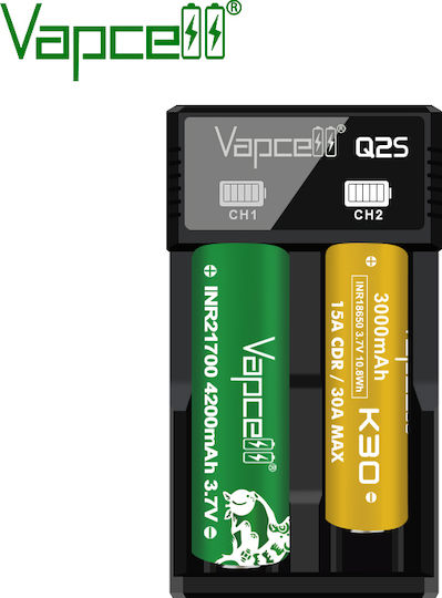 Vapcell Q2S USB Зарядно 2 за батерии Размер 18650/21700 в Черен цвят