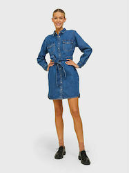 Jack & Jones All Day Long Sleeve Denim Mini Shirt Dress with Collar Blue , Regular Fit -medium blue denim