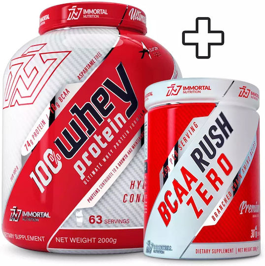 Immortal Nutrition 100% Whey Protein 100% Molkenprotein 2000gr Himbeer-Käsekuchen & BCAA Rush Zero 300gr Erdbeere