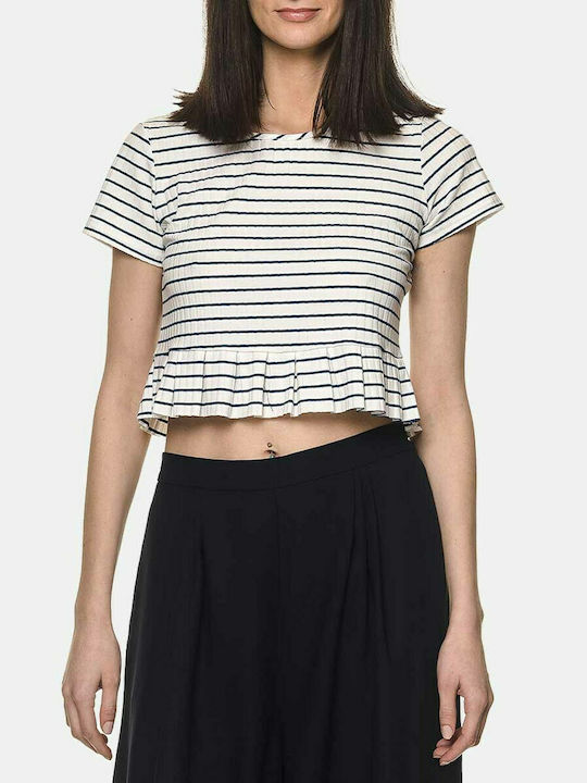 Glamorous Top de Damă de Vară Crop din Bumbac cu Mânecă Scurtă Cu dungi Ecru