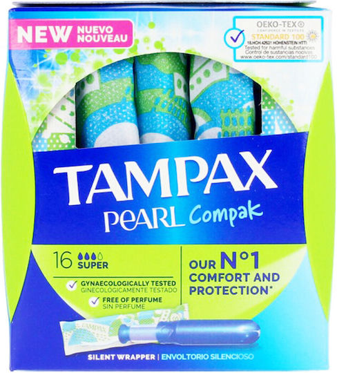 Tampax Ταμπόν Pearl Compak Super με Εφαρμογέα για Αυξημένη Ροή 16τμχ