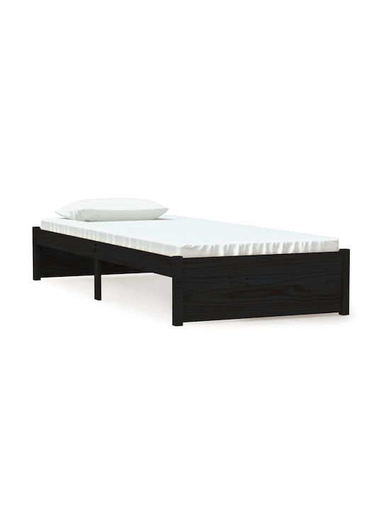 Κρεβάτι Μονό από Μασίφ Ξύλο Μαύρο με Τάβλες για Στρώμα 75x190cm