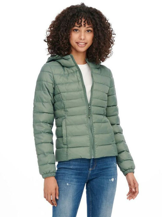 Only Women's Short Puffer Jacket for Winter with Hood Green / Sea Spray
