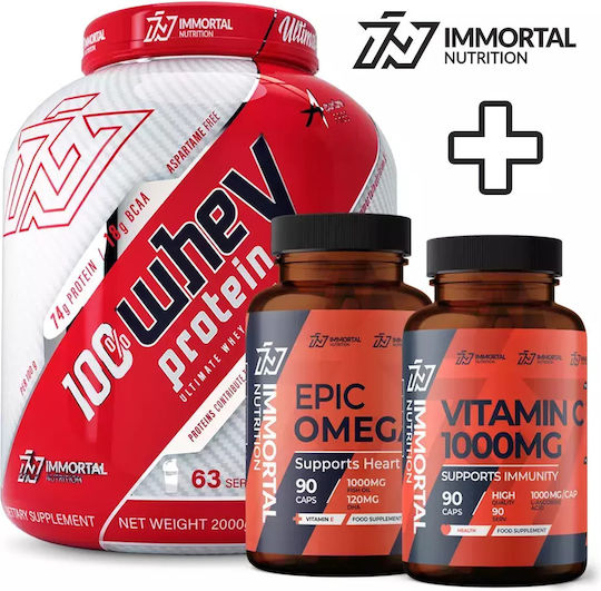 Immortal Nutrition 100% Whey Protein 2000gr Milk Chocolate, Epic Omega 3 90 μαλακές κάψουλες & Vitamin C 1000mg 90 κάψουλες
