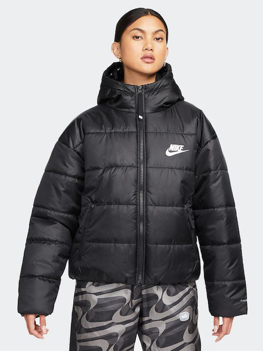 Nike Sportswear Therma Fit Repel Women's Short Puffer Jacket for Winter with Hood Black DX1797-010