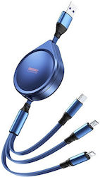 Remax RC-C018 Flach / Ausziehbar USB zu Blitzschlag / Typ-C / Micro-USB Kabel 3A Blau 1.2m