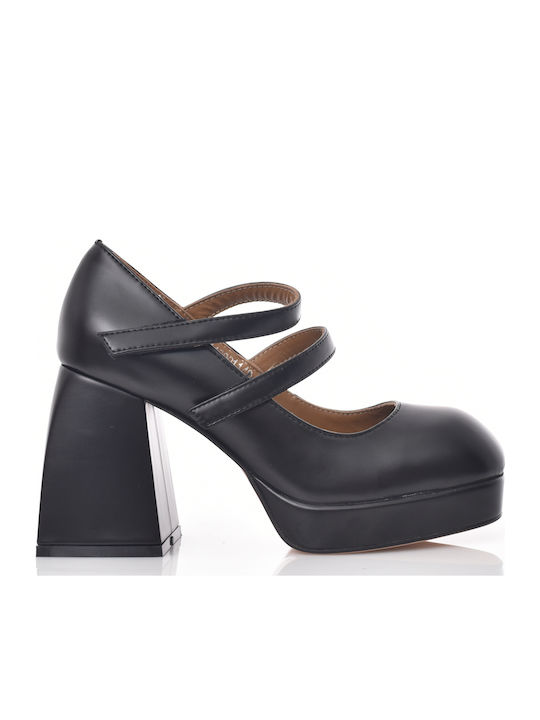 Leather Black High Heels with Strap Carolina