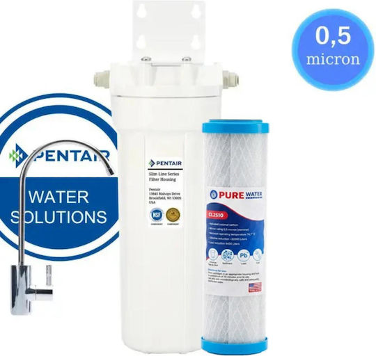 Pentair 2G Slimline WHF14D-EU Water Filtration System Single Under Sink Pipe Cross Section 1/4'' with Replacement Filter Purewater CL2510 (USA) 0.5μm