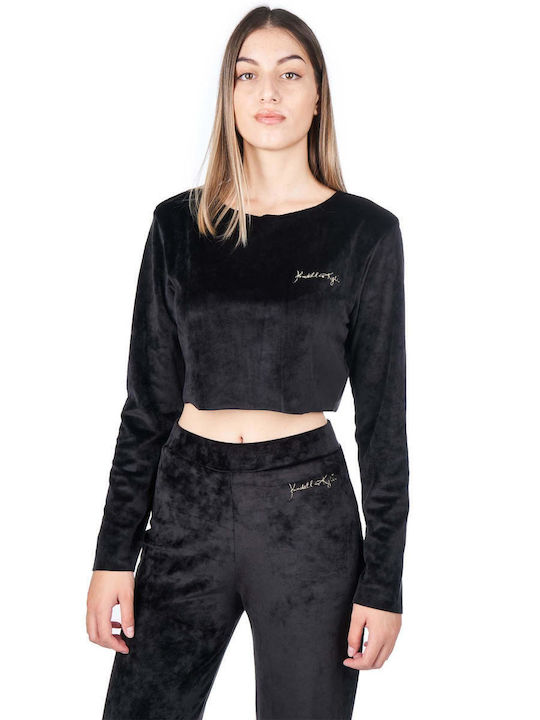 Women's Crop Top Velvet Long Sleeve Black