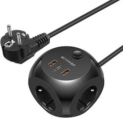 BlitzWolf PowerCube 3 Места с превключвател, 2 USB и Кабел 1.5м Черно