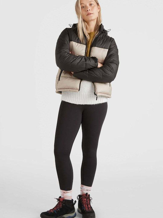 Women's Short Puffer Jacket for Winter with Hood Beige