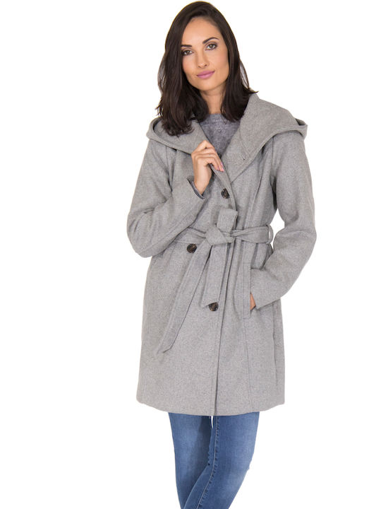 Byoung Amuse Γυναικείο Medium Grey Melange Παλτό με Κουκούλα