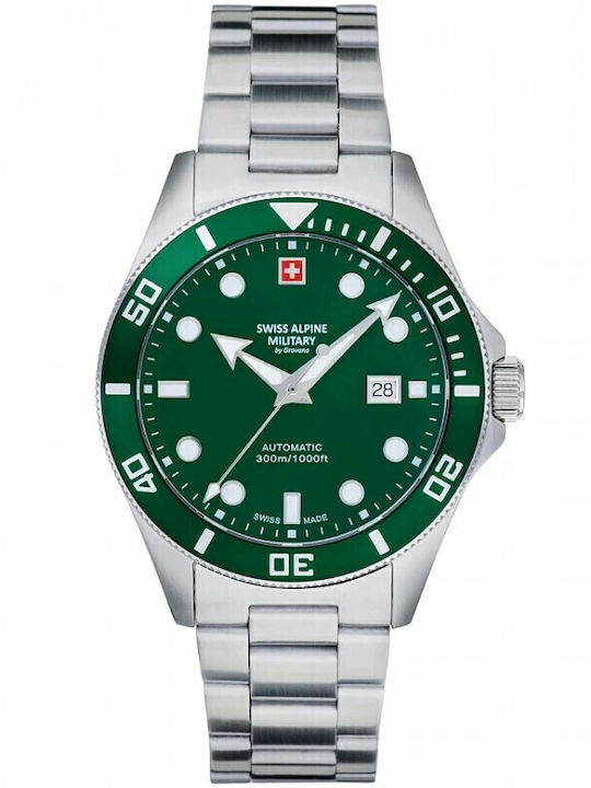 Swiss Alpine Military by Grovana Military Diver Ανδρικό Ρολόι 44mm Αυτόματο με Ασημί Μεταλλικό Μπρασελέ
