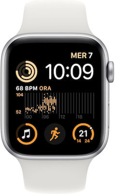 Apple Watch SE 2022 Aluminium 44mm Αδιάβροχο με Παλμογράφο (Silver with White Sport Band)