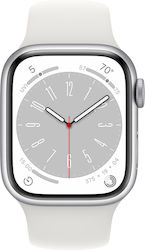 Apple Watch Series 8 Aluminium 41mm Αδιάβροχο με Παλμογράφο (Silver with White Sport Band)