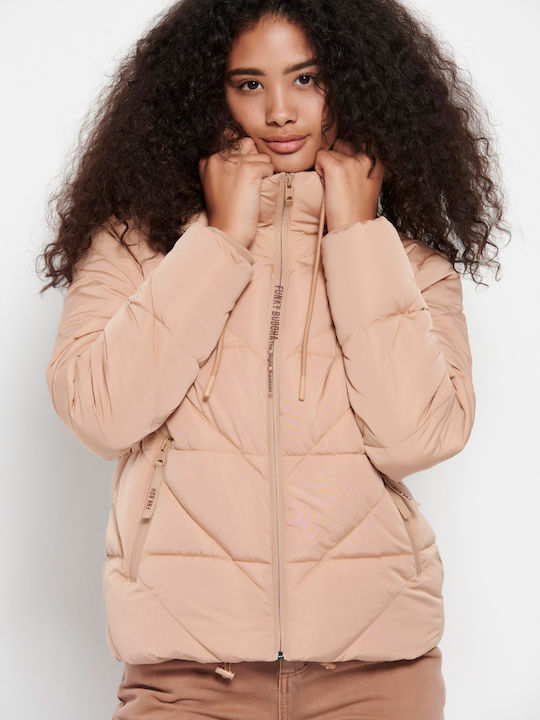 Kurz Damen Puffer Jacke mit pelziger Kapuze für Winter Beige