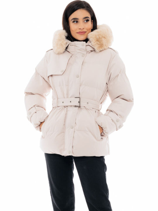 Women's Short Puffer Jacket for Winter with Hood Beige