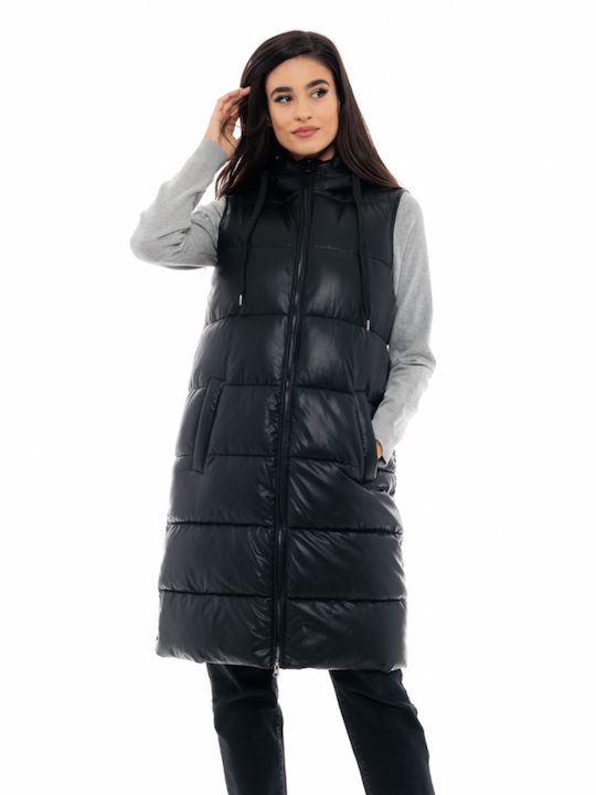 Biston Women's Long Puffer Leather Jacket for Spring or Autumn with Hood Black