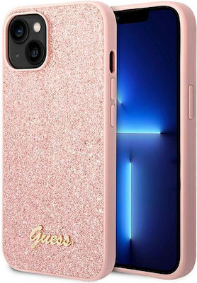 Guess Glitter Flakes Script Metal Logo Silicone Back Cover Pink (iPhone 14 Plus)