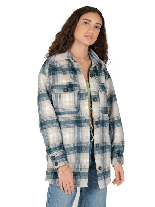 24 Colours Women's Checked Midi Overshirt with Buttons Blue