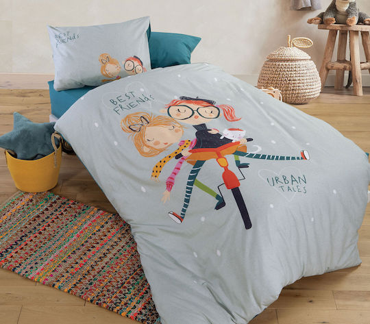 Nef-Nef Homeware Girl Friends Set Kids Duvet Cover Single with Pillowcase Cotton Aqua 160x220cm
