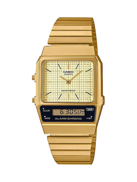 Casio Vintage Edgy Αναλογικό/Ψηφιακό Ρολόι Χρονογράφος Αυτόματο με Καουτσούκ Λουράκι σε Χρυσό χρώμα