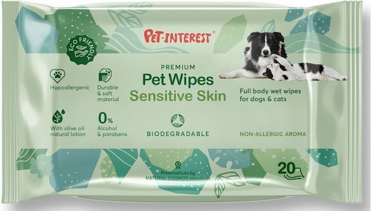 Pet Interest Sensitive Skin 20 Μαντηλάκια Σκύλου & Γάτας για Καθαρισμό Σώματος με Αλόη