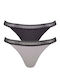 Go Ribbed H Tanga Βαμβακερά Femei Slip 2Pack cu Dantelă Negru/gri