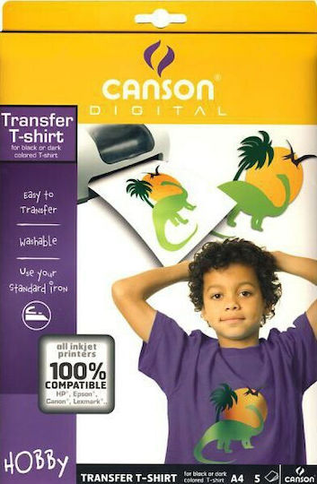 Canson Transfer T-Shirt Фотохартия Черно A4 (21x30) 140гр/кв.м за Принтери Мастиленоструен 5 Листове