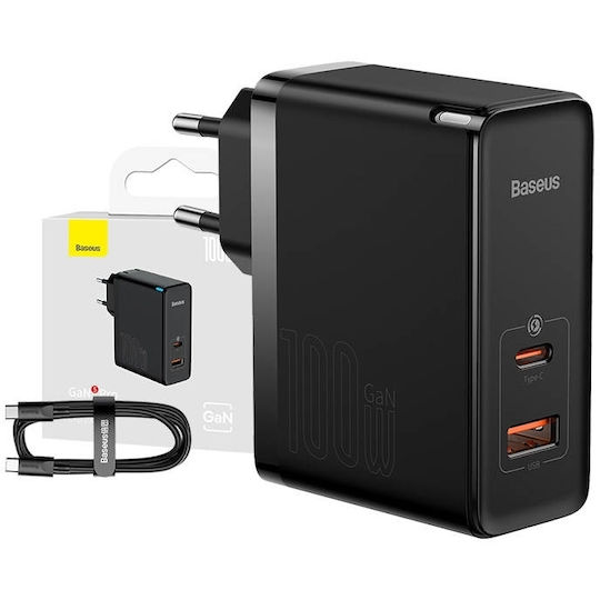 Baseus Încărcător GaN cu Port USB-A și Port USB-C și Cablu USB-C 100W Livrarea energiei / Quick Charge 4+ Negruς (Gan5)