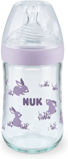 Nuk Glass Baby Bottle Nature Sense Temperature Control Anti-colic with Silicone Teat for 0-6 Months Purple Deer - Purple 240ml