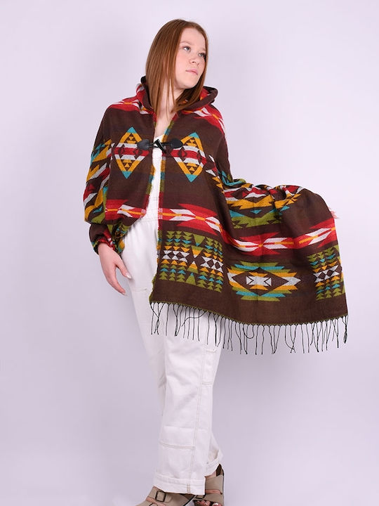 Damen Boho Poncho mit Kapuze Braun