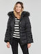 Guess Lang Damen Puffer Jacke mit pelziger Kapuze für Winter Schwarz