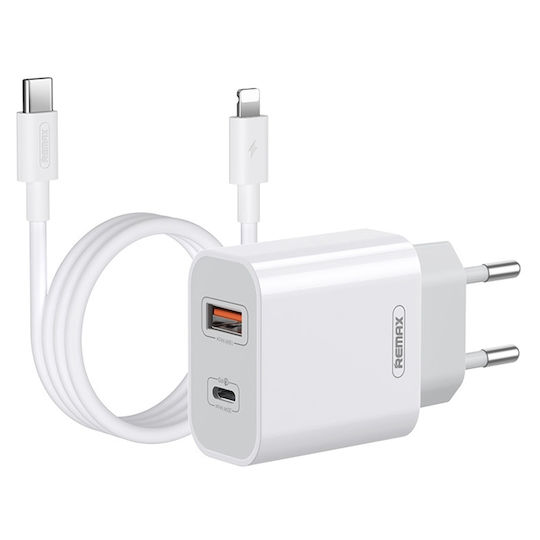 Remax Φορτιστής με Θύρα USB-A και Θύρα USB-C και Καλώδιο USB-C - Lightning 20W Power Delivery Λευκός (RP-U68)