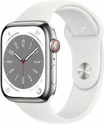 Apple Watch Series 8 Cellular Oțel inoxidabil 45mm Rezistent la apă cu eSIM și pulsometru (Argintiu cu bandă sport albă)