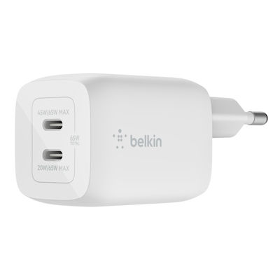 Belkin Φορτιστής Χωρίς Καλώδιο με 2 Θύρες USB-C 65W Power Delivery Λευκός (Boost Charge Pro)