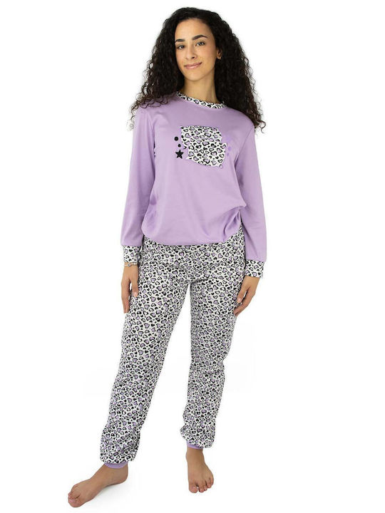 Lydia Creations Winter Damen Pyjama-Set Baumwolle Lila