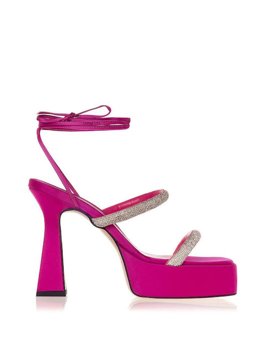 Sante Platform Fabric Women's Sandals with Strass & Laces Fuchsia with Chunky High Heel