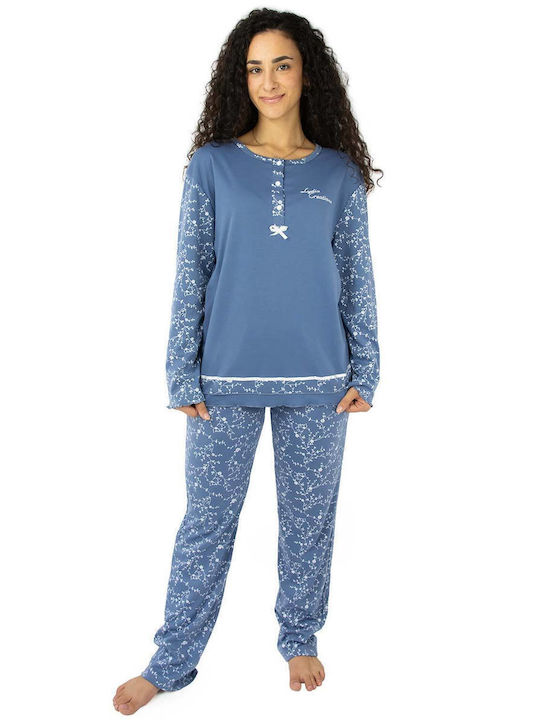 Lydia Creations Winter Damen Pyjama-Set Baumwolle Blau