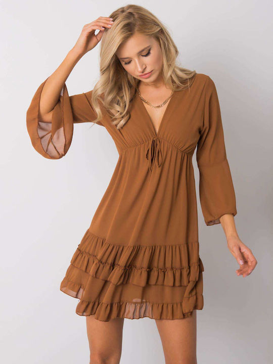 Italy Moda Mini Dress with Ruffle Brown