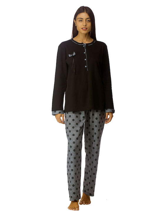 Zaboo Women's Winter Pyjama with Button Placket and Checked Pants-ZB1092 Black